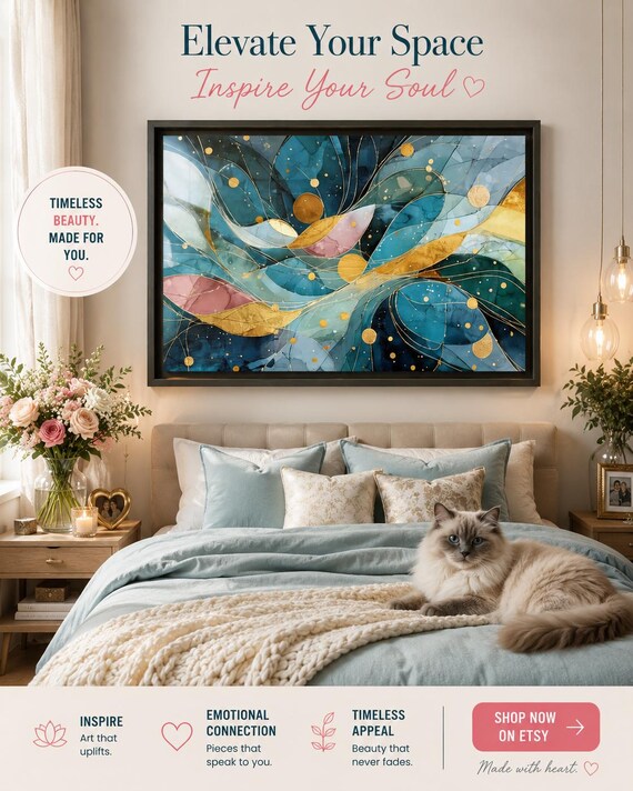Abstract Ocean Waves Matte Canvas Framed | Blue Teal Gold Wall Art| Great for Professional Buildings and Offices