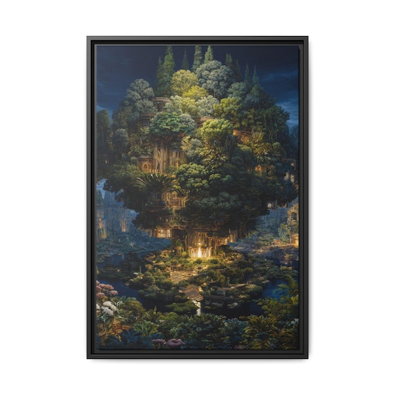 Matte Wall Art  Surrealist oil painting, Floating Forest City Canvas Framed | Fantasy Landscape
