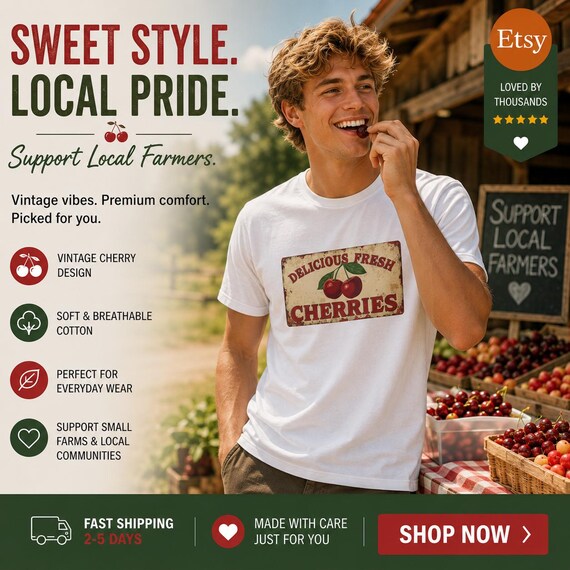 Retro Cherries T-Shirt, Delicious Fresh vintage sign Tee| fruit farm graphic design
