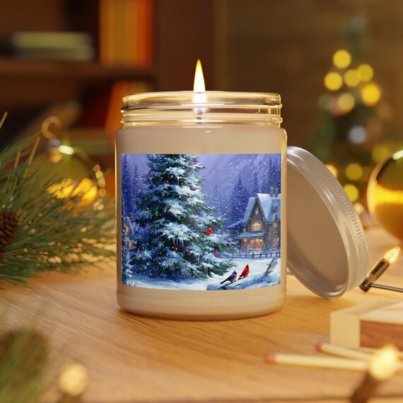 Winter Cardinal Cabin Soy Candle | Holiday Scene, 9oz Jar