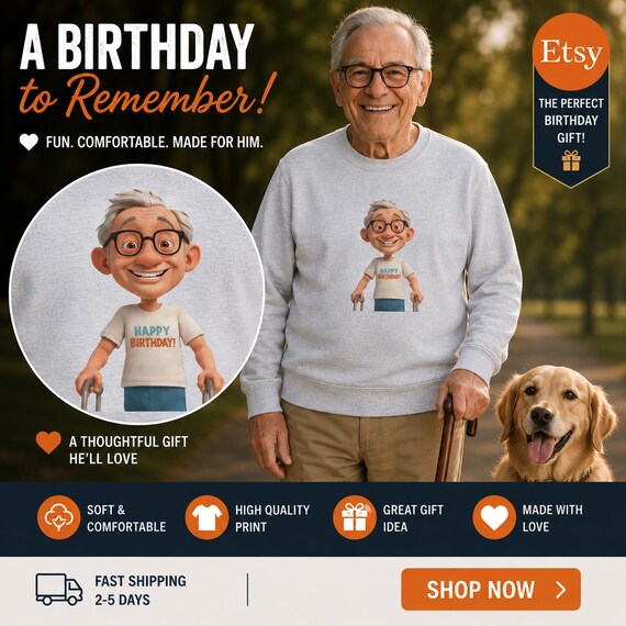 Cartoon Grandpa Happy Birthday Long Sleeve Tee | Funny Gift