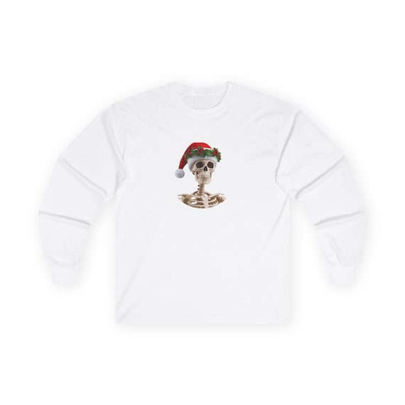 Skeleton Wearing Santa Hat Long Sleeve Tee | Christmas Skull Holiday Shirt