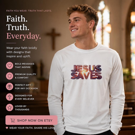 Jesus Saves Long Sleeve T-Shirt | Retro 3D Text Christian Design| Christian Gift
