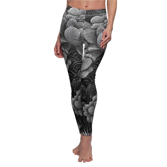 Yoga Leggings, Monochrome Peony Pattern | Floral All-Over Print | Athleisure & Casual Wear
