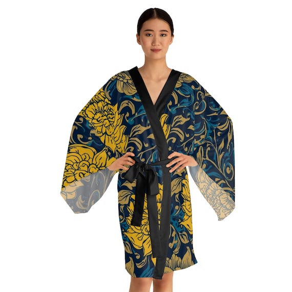 Floral Kimono Robe |Yellow Chrysanthemum Navy All-Over Print, Silk-Style Loungewear,