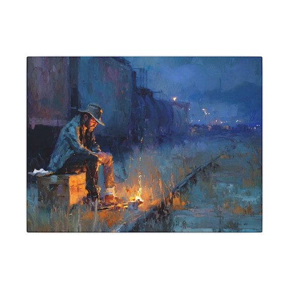 Hobo Dinner Wall Art |Night Scene Man by Fire | Rustic Decor | Stretched Matte Canvas