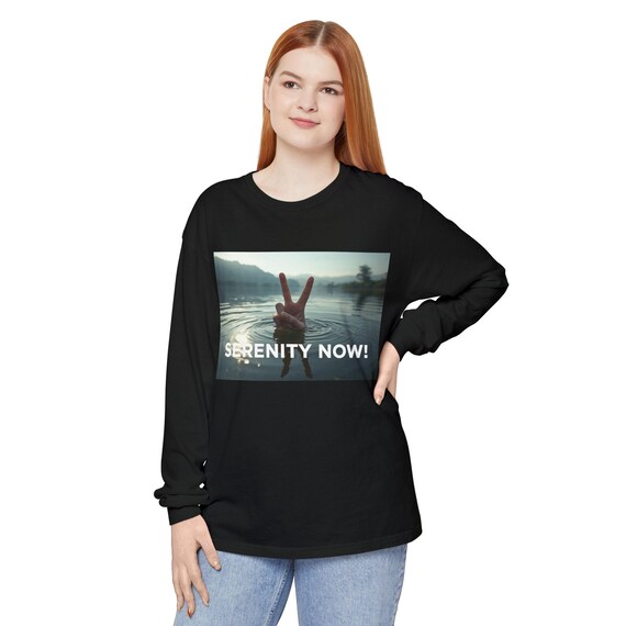 Serenity Now! Peace Sign Lake Photo Long Sleeve T-Shirt| Drowning Man Mental Health Tee