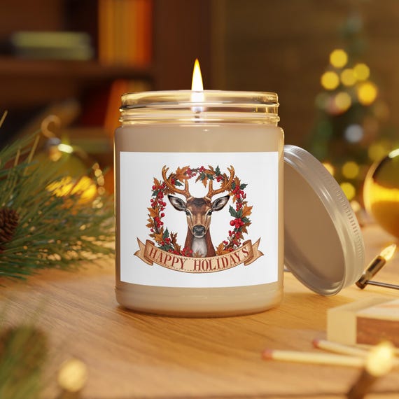 Deer Wreath Happy Holidays Candle | Soy Candle 9oz| Christmas Decor