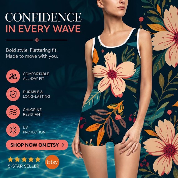Vintage  Swimsuit | Retro Floral One-Piece  Garden Vibe, Soft Stretch Fabric, Flattering Boyshort Cut