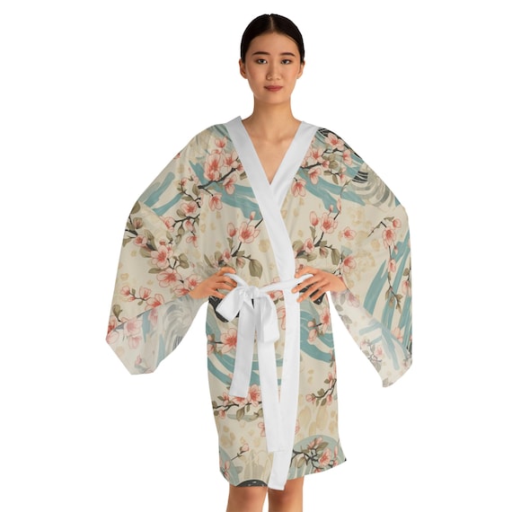 Polyester Kimono Robe with Cherry Blossom Print