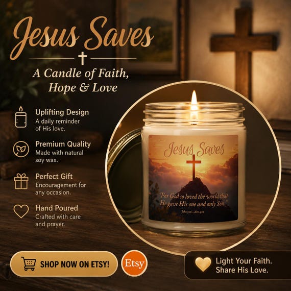 Jesus Saves Cross Sunset Candle | Coconut Apricot Wax Jar| Christian Home Decor