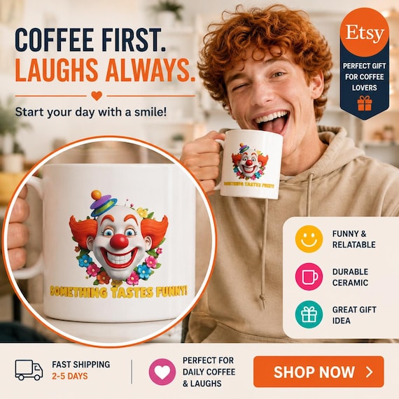 Ceramic Clown Mug, 20oz Jumbo Coffee Cup with Bright Colorful  Artwork, Circus Theme,