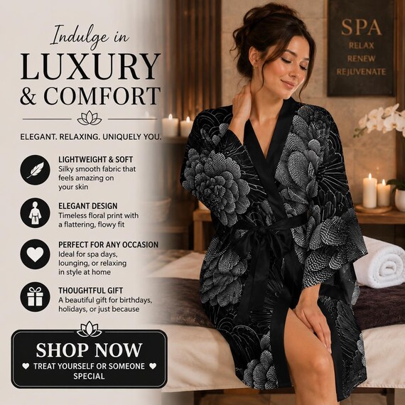 Monochrome Peony Pattern Kimono Robe | Floral Japanese Wave Print