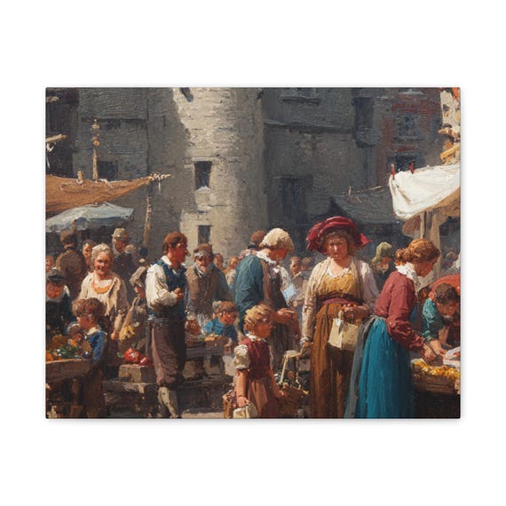 Vintage Market Scene Canvas Wall Art, European Town Square, Historic Village Decor,