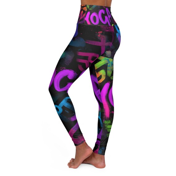 Neon Graffiti Script High Waisted Yoga Leggings | Colorful Street Art Yoga