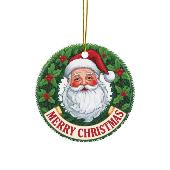 Santa Claus Merry Christmas Ceramic Ornament | Round Double-Sided Holiday Decoration