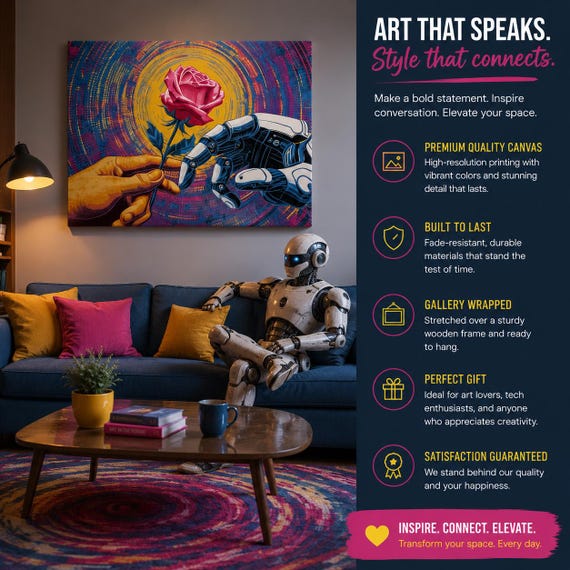 Peaceful Wall Art, Robot Hand and Human Holding Rose Canvas, Modern Sci-Fi ,