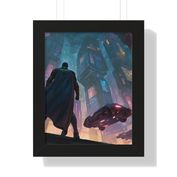 Framed Futuristic Cityscape Poster, Sci-Fi Superhero Wall Art| Teen's Room Decor