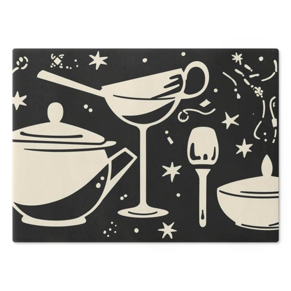 Retro Cutting Board | Vintage Teapot Ladle Spoon Glass Design | Dishwasher Safe Serving & Surface