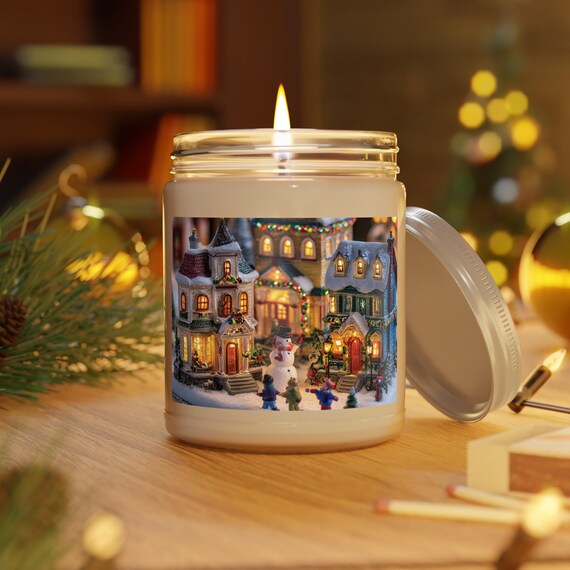 Christmas Village Candle, Scented Soy Wax 9oz | Holiday Winter Town Jar, Cotton Wick