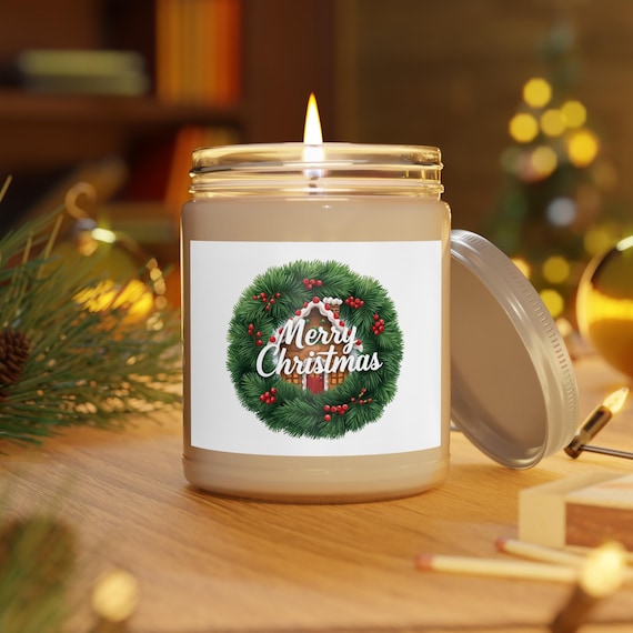 Merry Christmas Wreath Candle 9oz Soy Jar | Christmas Decor