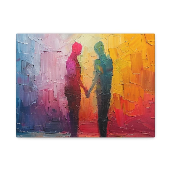 Two abstract, luminous figures gently touching hands, creating a burst of colorful, warm energy and Healing. | Stretched Canvas