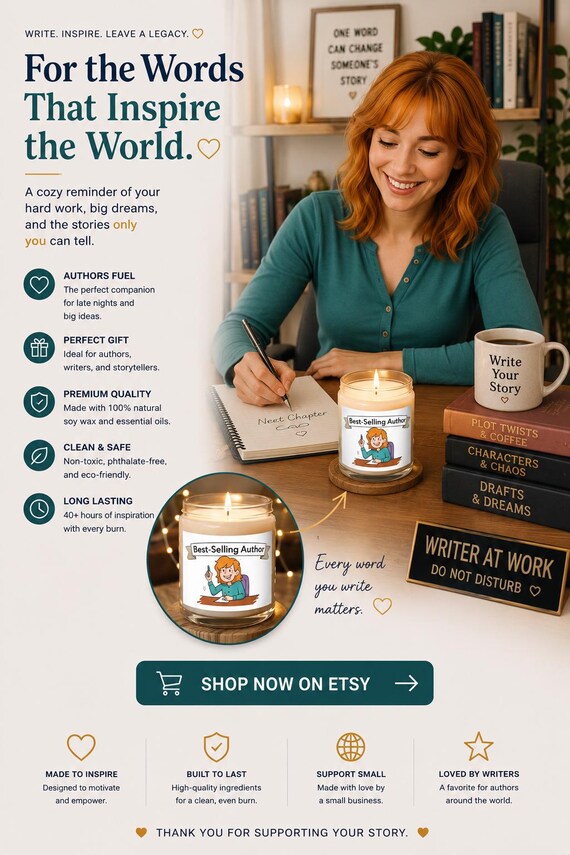 Best-Selling Author Illustration Candle | Soy Candle, 9oz| Gift for Writers, Publishers, and Authors