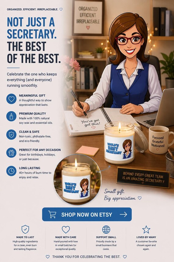World's Best Secretary Candle 9oz Soy Jar | Scented Candle| Office Party Gift for Secretary