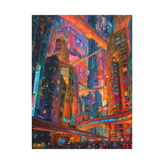 Neon Cityscape Canvas | Modern Urban Futuristic Skyline Wall Art in Vibrant Colors