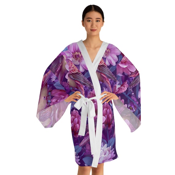 Purple Floral Bird Kimono Robe | Long Sleeve Lounge Attire | Boho Style