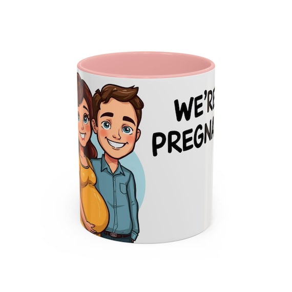 Were Pregnant Cartoon Couple Mug | Pink or Blue Accent Coffee Mug| Pregnancy Announcement Gift