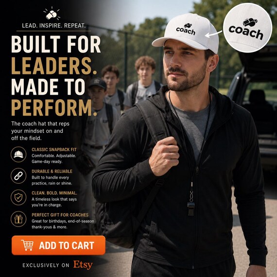 Embroidered Coach Flat Bill Cap - Cotton Twill, Adjustable Snapback