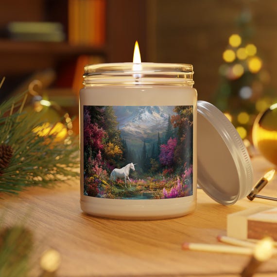 Modern Art Unicorn Forest Candle | 9oz Soy Candle with White Lid