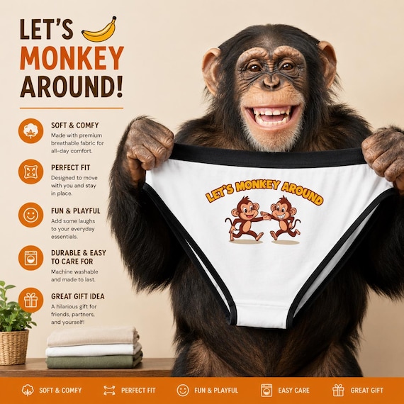 Whimsical Panties with Monkey Design, Lingerie, Underwear, Cheeky Fun