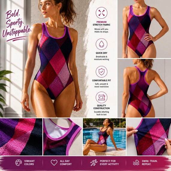 Geometric Diamond Pattern Swimsuit | Pink Purple Argyle One-Piece