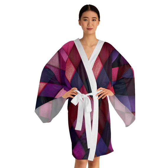 Diamond Harlequin Pattern Kimono Robe | Pink Purple Geometric Long Sleeve| Women's Gift
