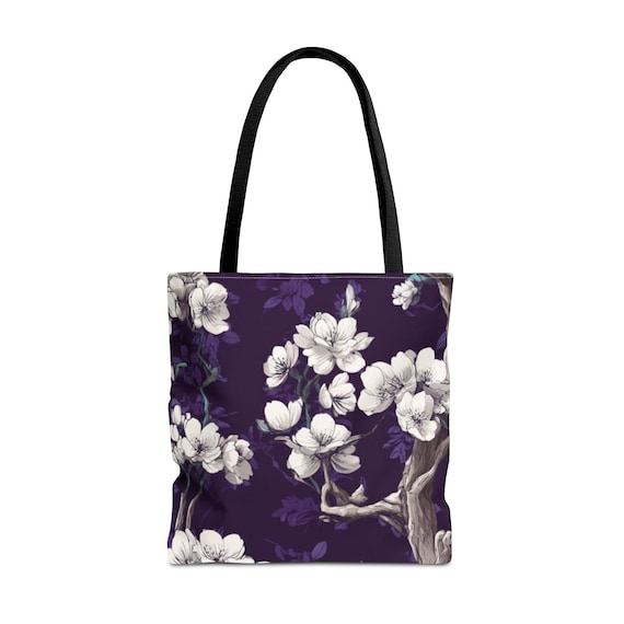 White Magnolia Floral Tote Bag | Purple Blossom Pattern | Vintage and Modern Garden