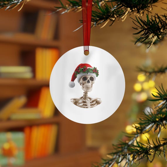 Skeleton with Santa Hat Metal Ornament | Christmas Bell Decoration