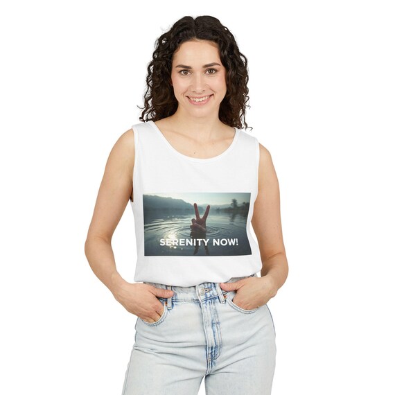 Serenity Now peace sign lake photo Tank Top | relaxation nature graphic| Mental Health Break