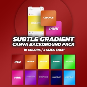 Może przedstawiać: Pakiet tła Canva z subtelnymi gradientami w 10 kolorach i 4 rozmiarach. Obraz zawiera próbki kolorów: czerwony, pomarańczowy, żółty, zielony, limonkowy, różowy, jasnofioletowy, ciemnofioletowy, granatowy i błękitny.