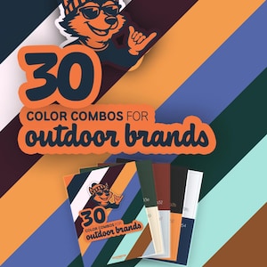 May include: An orange and blue graphic promoting "30 Color Combos for Outdoor Brands." The image features a cartoon wolf wearing sunglasses and a beanie. A stack of color swatches is displayed below the text, with the Echelon One Media logo at the bottom.