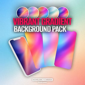 May include: A digital art graphic featuring a smartphone and four colorful gradient backgrounds. The text "VIBRANT GRADIENT BACKGROUND PACK" is displayed in pink. The image has a blue to peach gradient background.