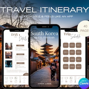 Puede incluir: Tres teléfonos inteligentes muestran una plantilla de itinerario de viaje digital. El teléfono central muestra un itinerario de Corea del Sur con una imagen de pagoda. Las otras pantallas muestran detalles diarios y un programa de viaje. El texto incluye "Travel Itinerary" y "Edit in Canva."