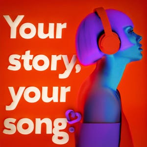 Peut inclure: Illustration numérique d'une personne à la peau bleue et aux cheveux violets, portant un casque orange. Le fond est orange, avec le texte blanc "Your story, your song". Un cœur violet est également présent.