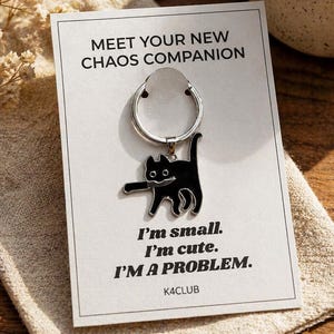 Könnte beinhalten: Ein schwarzer Katzen-Schlüsselanhänger mit einem silbernen Ring, befestigt an einer Karte mit der Aufschrift "MEET YOUR NEW CHAOS COMPANION". Auf der Karte steht auch "I'm small. I'm cute. I'M A PROBLEM." und "K4CLUB."