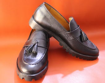 Handmade Black Grain Leather Tassel Loafers with Chunky Soles