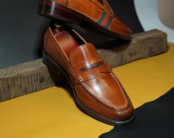 Handmade Authentic Full grain Leather Brown Penny Loafers Classic Formal Shoes