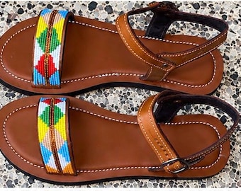 SUMMER SALE!!!  Handmade Maasai Beaded Leather African Women’s Flat Sandals Colorful Tribal Summer Boho Vacation sandals Gift for Her