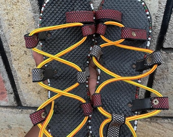 SEASON MUST HAVE!!!Handmade African Beaded Leather Sandals: Laced Akala Style personalized gift for women /men