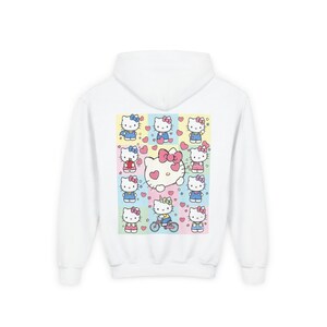 6 7 Hello Kitty Collage Youth Hoodie | Kids 6 7 Graffiti Style Font In Front And Hello Kitty Graphic Design On Back | Hello Kitty Six Seven image 17